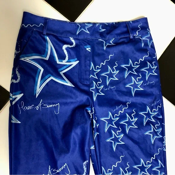 House Of Sunny Infinity Party Satin Pants Klein Blue Women's Size US 10 stars - Picture 10 of 16